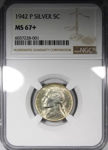 1942-P Jefferson Nickel NGC MS67+ PLUS Lightly Toned Coin Gem Quality - Picture 1 of 2