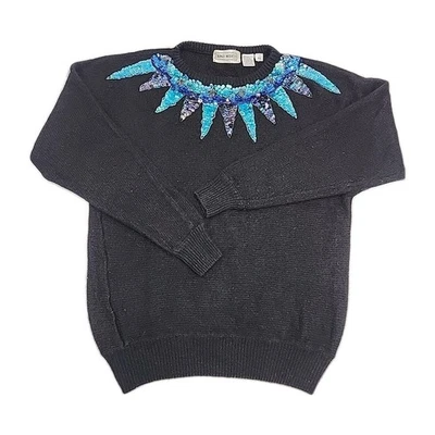 Diana Marco Sweater Black Silk Angora Blend Blue Sequin Women Sz 40 20W Vintage - Image 1 of 4