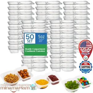 50 Pack 5oz Disposable Condiment Containers - 2 Compartment w/Lid for Dressing - Picture 1 of 6