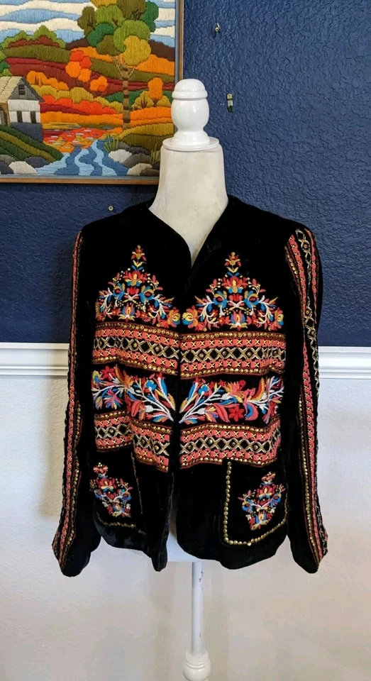 Blazer Zara Negro Terciopelo Boho Palermo Bordado Abierto Blazer Chaqueta Talla Mediana M Foto 1 de 4