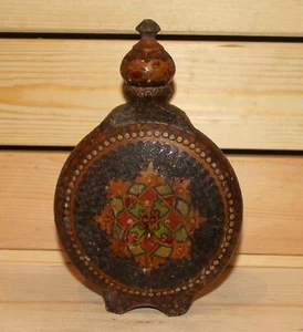 Vintage hand made folk pyrography wood brandy flask bottle - Picture 1 of 8