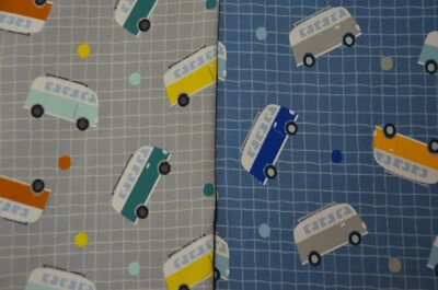 kuscheliger Sweat-Stoff French Terry mit Bulli VW-Bus blau und grau 50 x 145 cm  - Bild 1 von 2