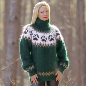 Green mohair sweater with paws Icelandic fuzzy hand knitted jumper SUPERTANYA XL - Picture 1 of 5