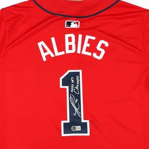 Ozzie Albies Signed Jersey Red Atlanta Braves "2021 WS Champs" Beckett - Picture 1 of 3