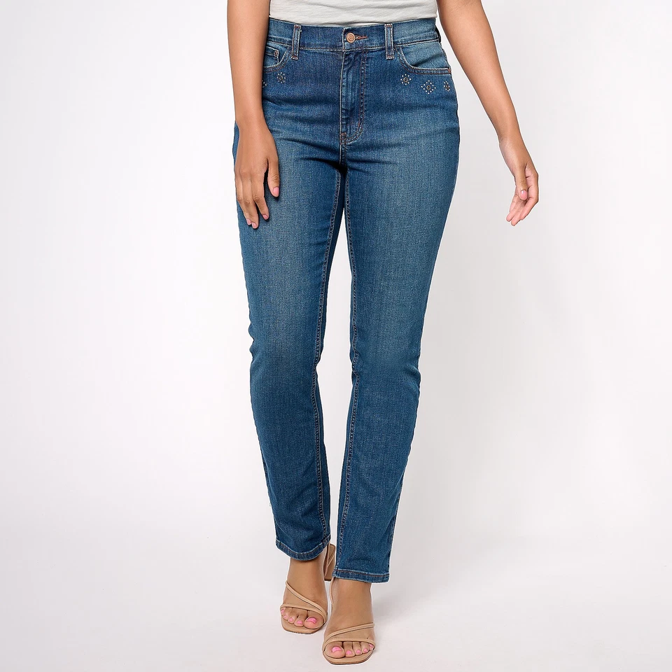 Denim & Co. Canyon Retreat Size 22W Straight Leg Embellished Jeans RIVER WASH - Image 1 of 1