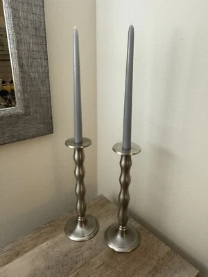 Solid Brass Silver Tone Candlesticks Modern Sleek Set Of 2 IHI Made In India - Image 1 of 4