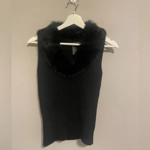 Women’s Black Sleeveless Sweater With Rabbit Fur Collar Small - Picture 1 of 7