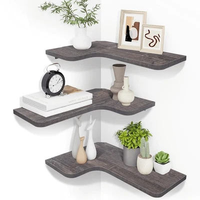 3 PIEZAS Estantes Esquineros Flotantes Gris Rústico 3 Niveles, Agujero para Cable, Montados en Pared Foto 1 de 4