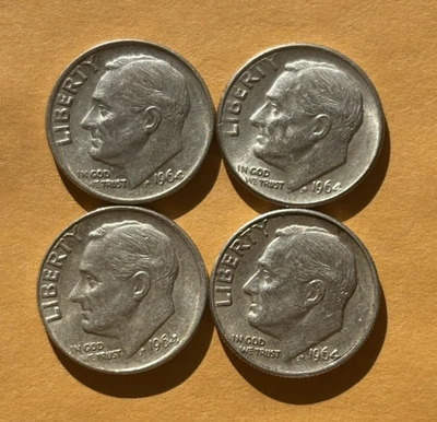 Lot of (4) Four Roosevelt Dimes - 90% Silver - All 4 are 1964 P - Nice - Image 1 of 2