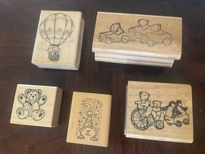 Teddybär Stempel Set Auto Heißluftballon Geburtstag Holzhalterung - Bild 1 von 7
