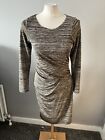 Ladies M&Co Gold and Black Striped Ruched Side Midi Bodycon Dress Size 10