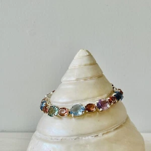 Vintage Monet Silver Tone Jeweled Tennis Bracelet Multi Color Rhinestones - Picture 1 of 6