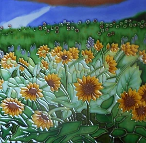 Flower hand painted ceramic art tile 8 x 8 inches with fiberboard back - Picture 1 of 2