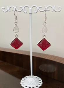 Carved Carnelian & Rainbow Moonstone Earrings-sterling silver plated-New - Picture 1 of 4