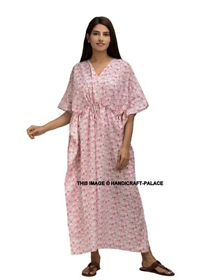 Kaftan En Coton Indien Fait Main Snowman Long Caftan De Plage Nuit Maxi Robe - Photo 1/4