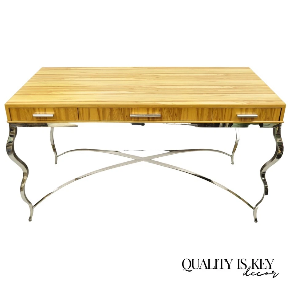 Mesa de escritorio Century Furniture moderna con base metálica de cromo y cebra 849-761 Foto 1 de 4