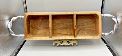 Wooden Tray w/3 Divided Sections Pewter Twist Handles 21"L x 6"W x 2.5"H Solid - Image 1 of 4