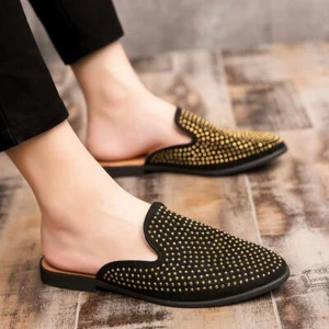 Rhinestone Mens Slipper Dress Mules Backless Loafers Slip On Casual Rivet Shoes - Picture 1 of 13