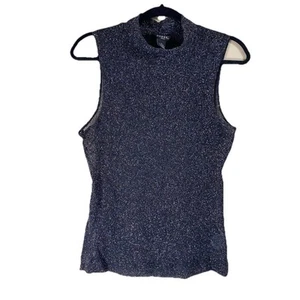 GUESS Black Silver Metallic Mesh Mock Neck Sleeveless Top Size XL - Picture 1 of 9