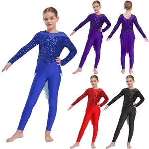 Kids Girls Jumpsuit Costume Leotard Skating Bodysuit Dance Shiny Ballerina - Picture 1 of 51