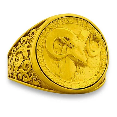 Real 24K Yellow Gold Aries Ring, Zodiac Sign Mens Gold Coin Ring Astrology - Image 1 of 4