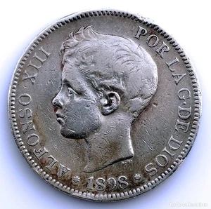 SC-Spanien-Alfonso XIII. 5 Pesetas. 1898**. Madrid. Silber 25 g. - Bild 1 von 2