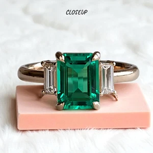 2.25 Ct Emerald Cut Green Emerald & Lab Grown Diamond Wedding Ring 14K Rose Gold - Picture 1 of 8