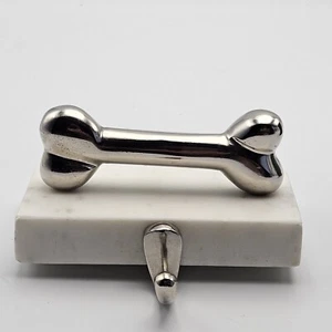 Silver Dog Bone Stocking Holder 6"x3" White Marble Base Holiday Decor - Picture 1 of 11