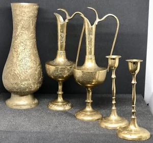 Vintage Brass Floral Pattern Decorative Table Set Vase Pourers Candle Holders - Picture 1 of 19