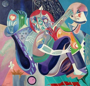 Pintura al óleo australiana sobre lienzo ""Músicos"" de Yuri Stepanuk. 113 x 115 cm. - Imagen 1 de 1