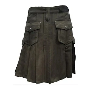 Men's Black Cotton Scottish Handmade Cargo Pockets Tactical Utility Quality Kilt - Picture 1 of 2