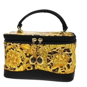 GIANNI VERSACE Logo Sun Vanity Hand Bag PVC Leather Black Gold 05FB835 - Picture 1 of 18