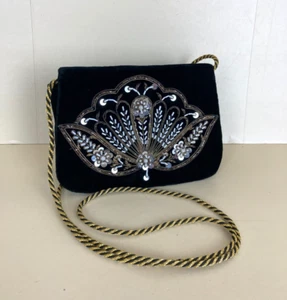 Vintage Velvet Handbag Crossbody Bag Black Sequin Beaded Occasion Christmas - Picture 1 of 7