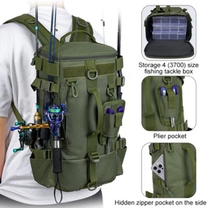 Fishing Tackle Backpack w/ Rod Holder Large Waterproof Camping Hiking Tackle Box - Imagen 1 de 14