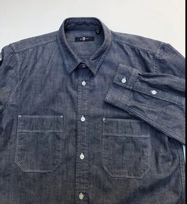 7 для всего человечества мужской джинсовой ткани длинным рукавом карманы синяя рубашка Sz M EUC - Изображение 1 из 4