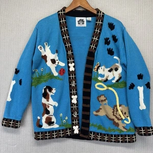 Vintage Storybook Strick blau Hunde Cardigan Pullover Medium Cardigan Doggies Knochenknöpfe - Bild 1 von 10