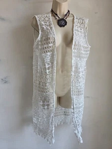 Cameo Rose White Lace Sleeveless Cardigan Vest Top UK 10 Crochet Boho Hippy - Picture 1 of 10