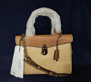 New Calvin Klein Lock Brown Beige Orange Leather Statement Purse - Picture 1 of 9
