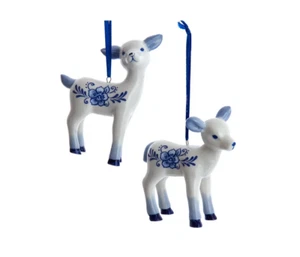 KURT ADLER SET OF 2 PORCELAIN DELFT BLUE BABY DEER CHRISTMAS ORNAMENTS J7791 - Picture 1 of 2