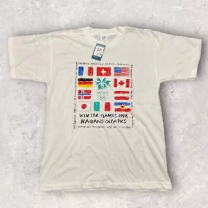 Vintage 90s Nagano Japan Winter Olympics Dead-Stock Graphic White T-Shirt - Bild 1 von 3