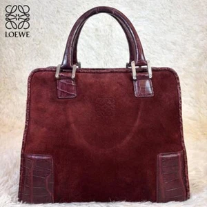 LOEWE Amazona Handbag Tote Bag Croco Anagram Suede Leather Bordeaux Authentic - Picture 1 of 15