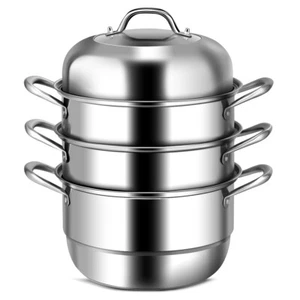 3-Tier 11" Stainless Steel Steamer Multi-Layer Boiler Pot w/ Tempered Glass Lid - Picture 1 of 6