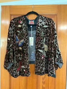 Johnny Was LA Penelope Leopard Silk Velvet Butterfly Embroidered Bolero Jacket L - Picture 1 of 5