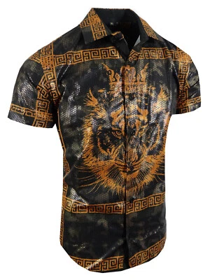 Camisa de manga corta para hombre King Tiger a rayas floral dorado brillo puño abatible elástica Foto 1 de 2