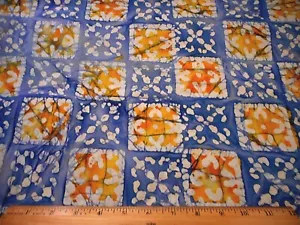Batik Fabric 7/8 Yard Blue Gold Yellow Ivory Floral Sqs Cotton #11 #PC - Picture 1 of 2