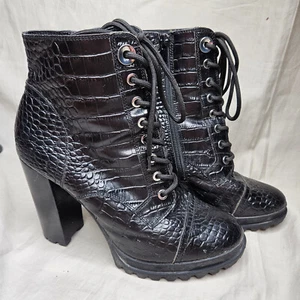 ALDO Platform Combat Boots Womens US 10 Black Croc Embossed Faux Leather Lace Up - Picture 1 of 12