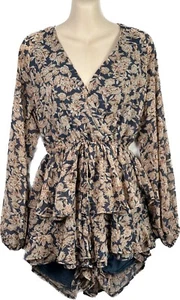 Temt | Long Sleeve Playsuit Romper | Blue and Beige Floral Pattern | 10 - Picture 1 of 8