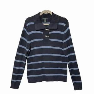 LRL Lauren Jeans Co Womens Cable Knit Sweater L Blue Stripe Metal Toggles VTG - Picture 1 of 17