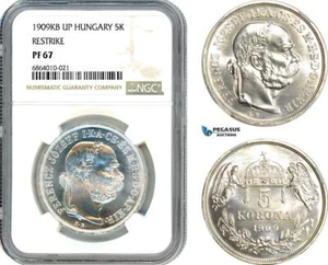 AI819, Hungary, Franz Joseph, Restrike 5 Korona 1909 KB UP, Kremnitz, NGC PF67 - Picture 1 of 1