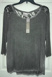 New DANTELLE 3/4 Sleeve Lace Trim Garment Dyed Top T-Shirt Top L Gray NWT - Picture 1 of 4